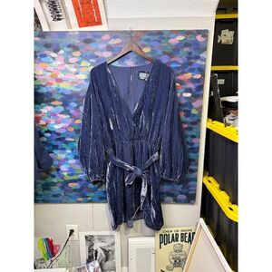 Anthropologie Blue Sofia Velvet Wrap Mini Dress Balloon Sleeve XL Navy
